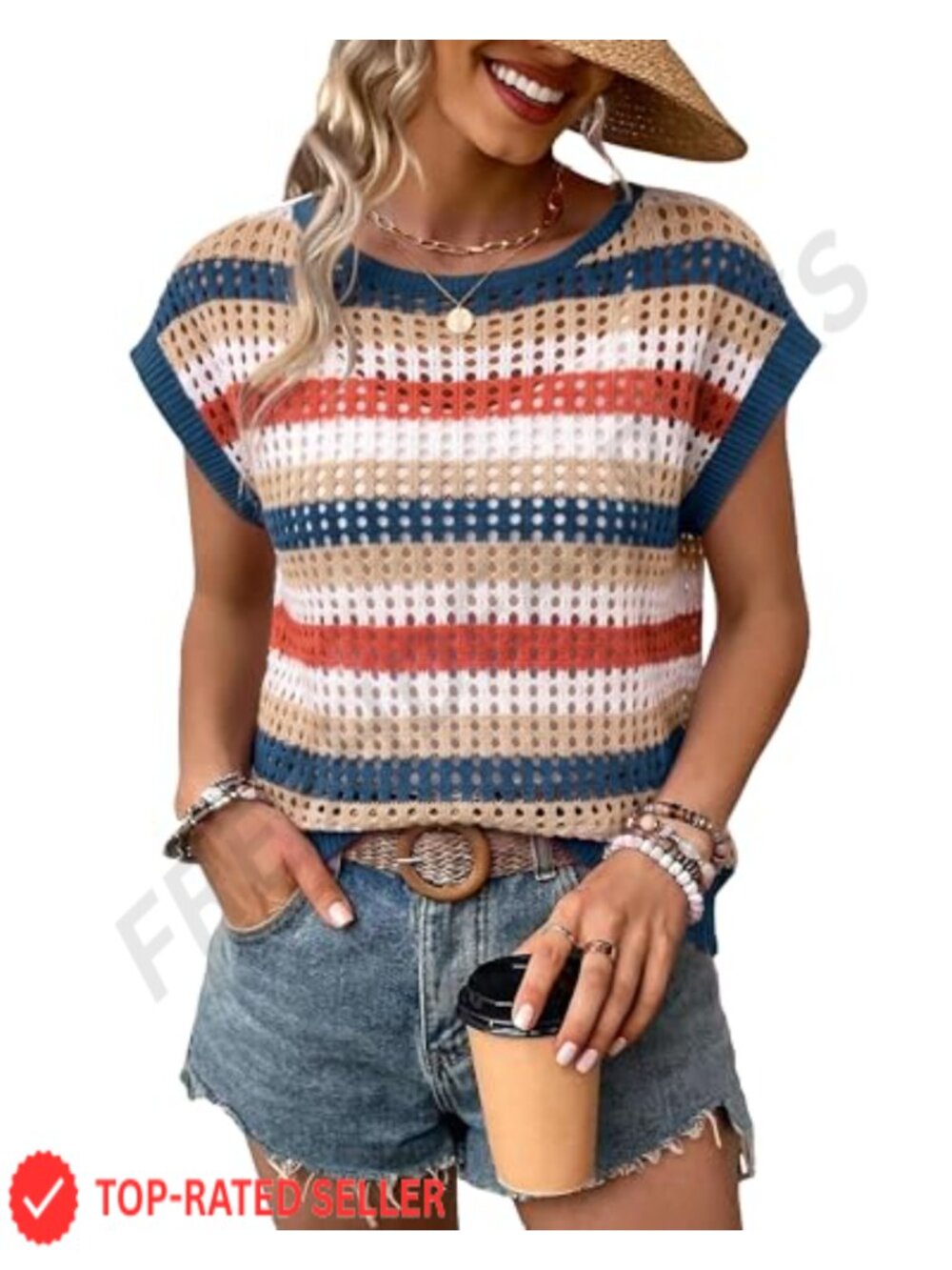 Women's Crochet Striped Cap Sleeve Sweater Cover-Up Boho Summer Top